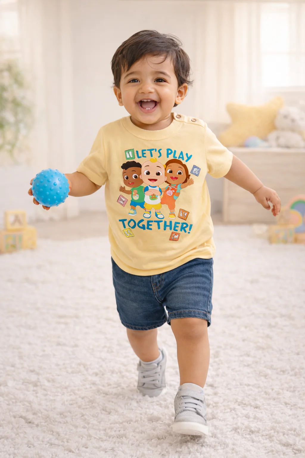 Happy Toddler Playing Indoors in Fun Cartoon T-Shirt
