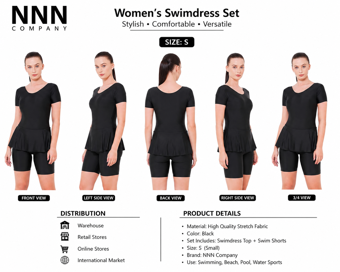 NNN Company Women’s Black Swimdress Set with Shorts – Size S