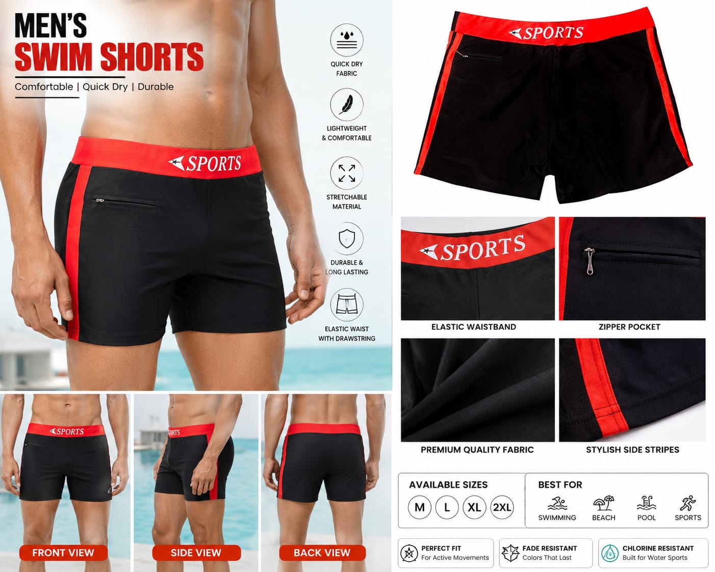 Men’s Quick Dry Swim Shorts with Zipper Pocket – Black & Red Sports Design