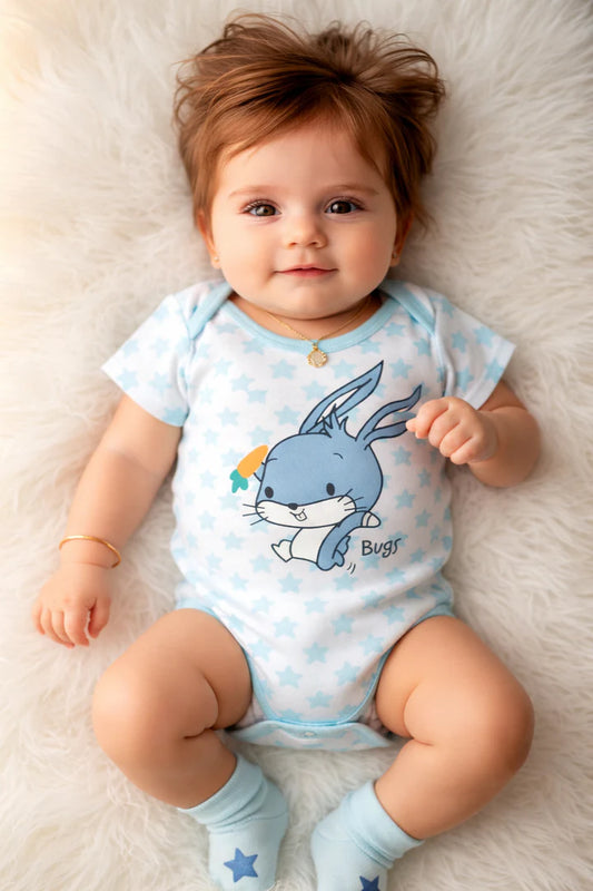 Baby Blue Printed Cotton Onesie