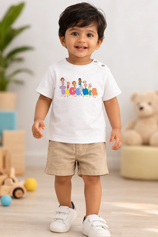 Cute Toddler Boy in White Cartoon Graphic T-Shirt