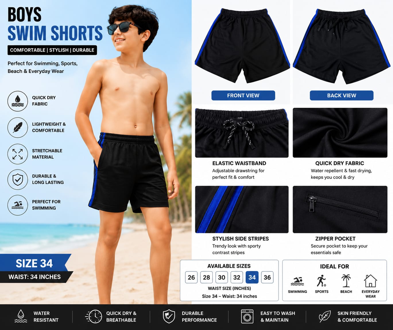 Boys Quick Dry Swim Shorts with Side Stripes