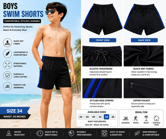 Boys Quick Dry Swim Shorts with Side Stripes