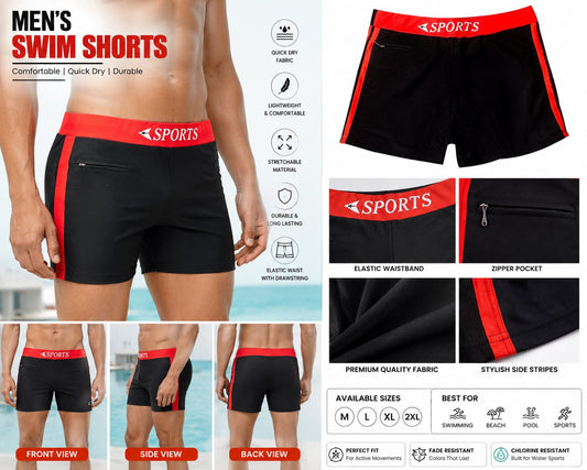 Men’s Quick Dry Swim Shorts with Zipper Pocket – Black & Red Sports Design